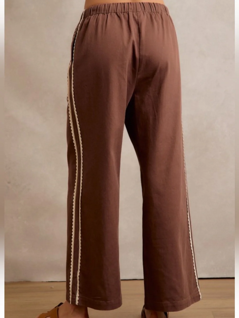 Wide Leg Cotton Lace Trim Elastic Waist Brown Pockets Boho Relaxed Fit Pants